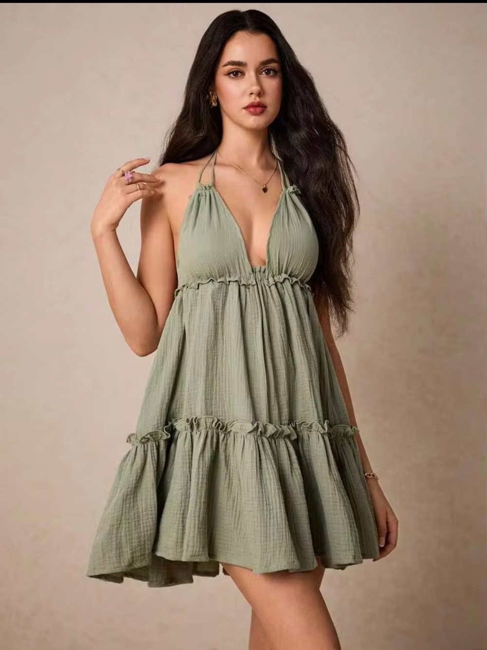 Sage Green Sleeveless Crinkle Halter Mini Dress - Small